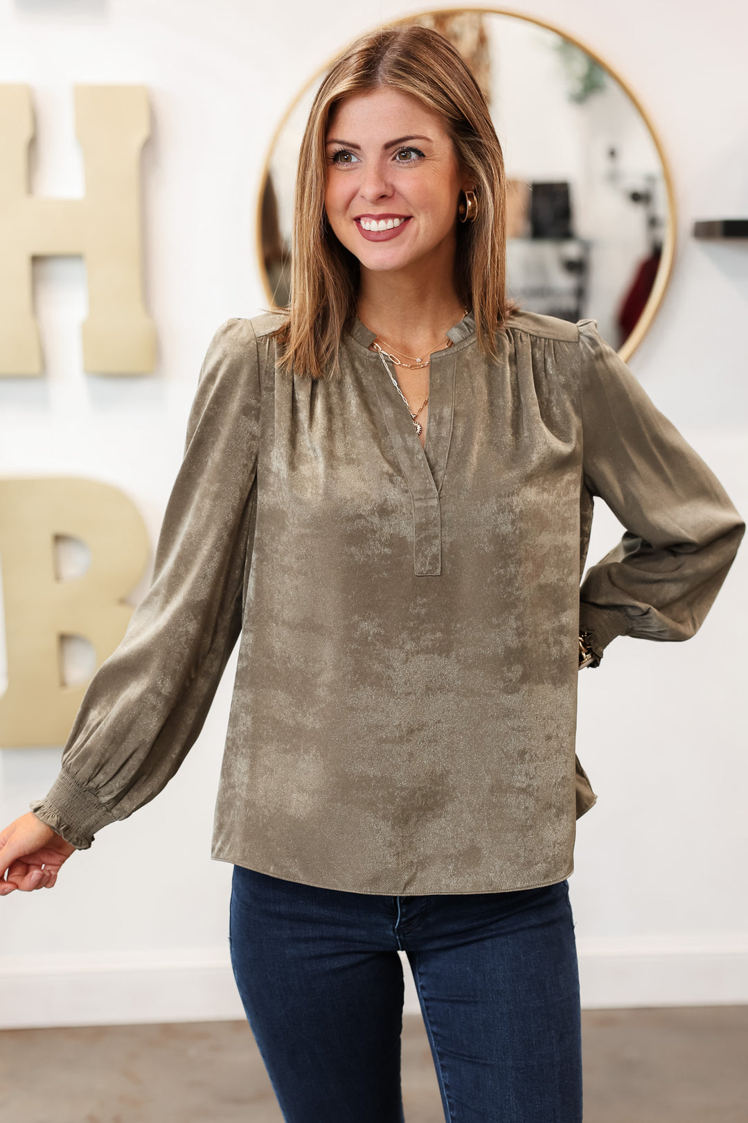 Split Neck Ruffle Blouse - Green