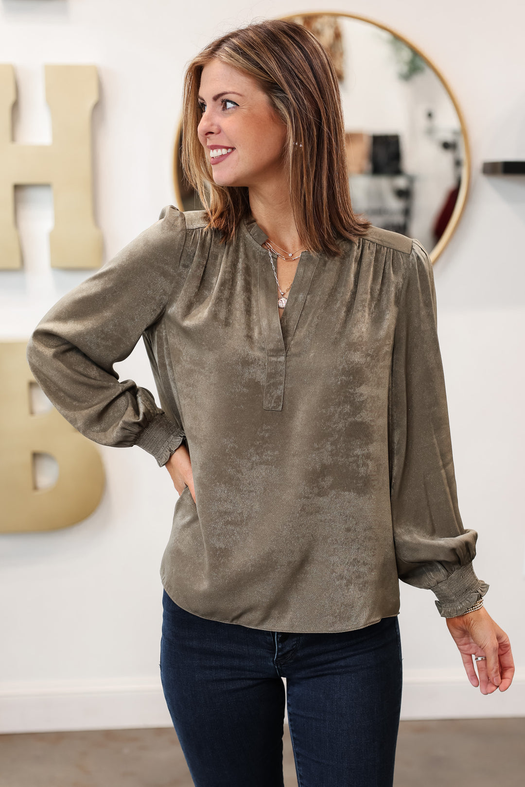 Split Neck Ruffle Blouse - Green