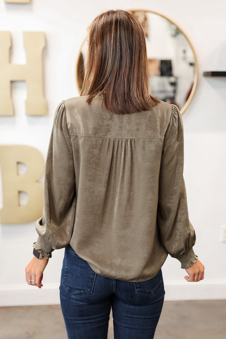 Split Neck Ruffle Blouse - Green