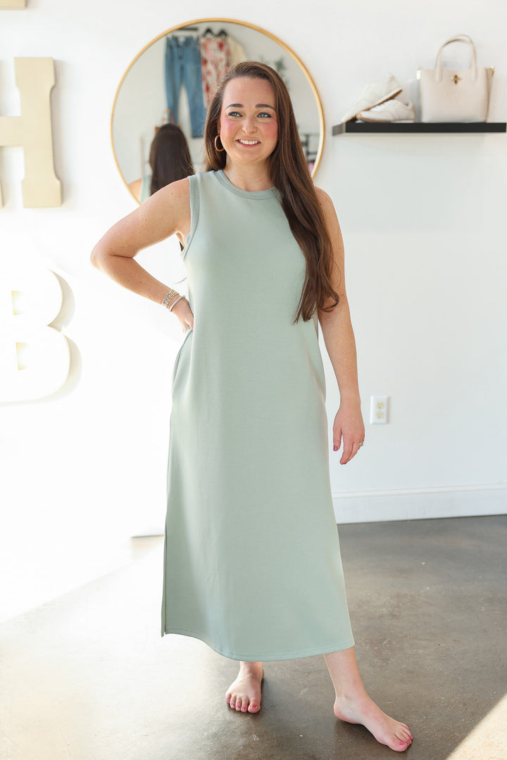 Contrast Trim Maxi Scuba Dress - Sage