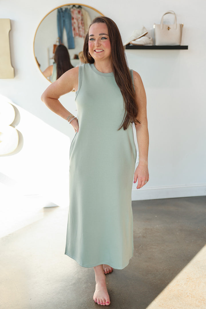 Contrast Trim Maxi Scuba Dress - Sage