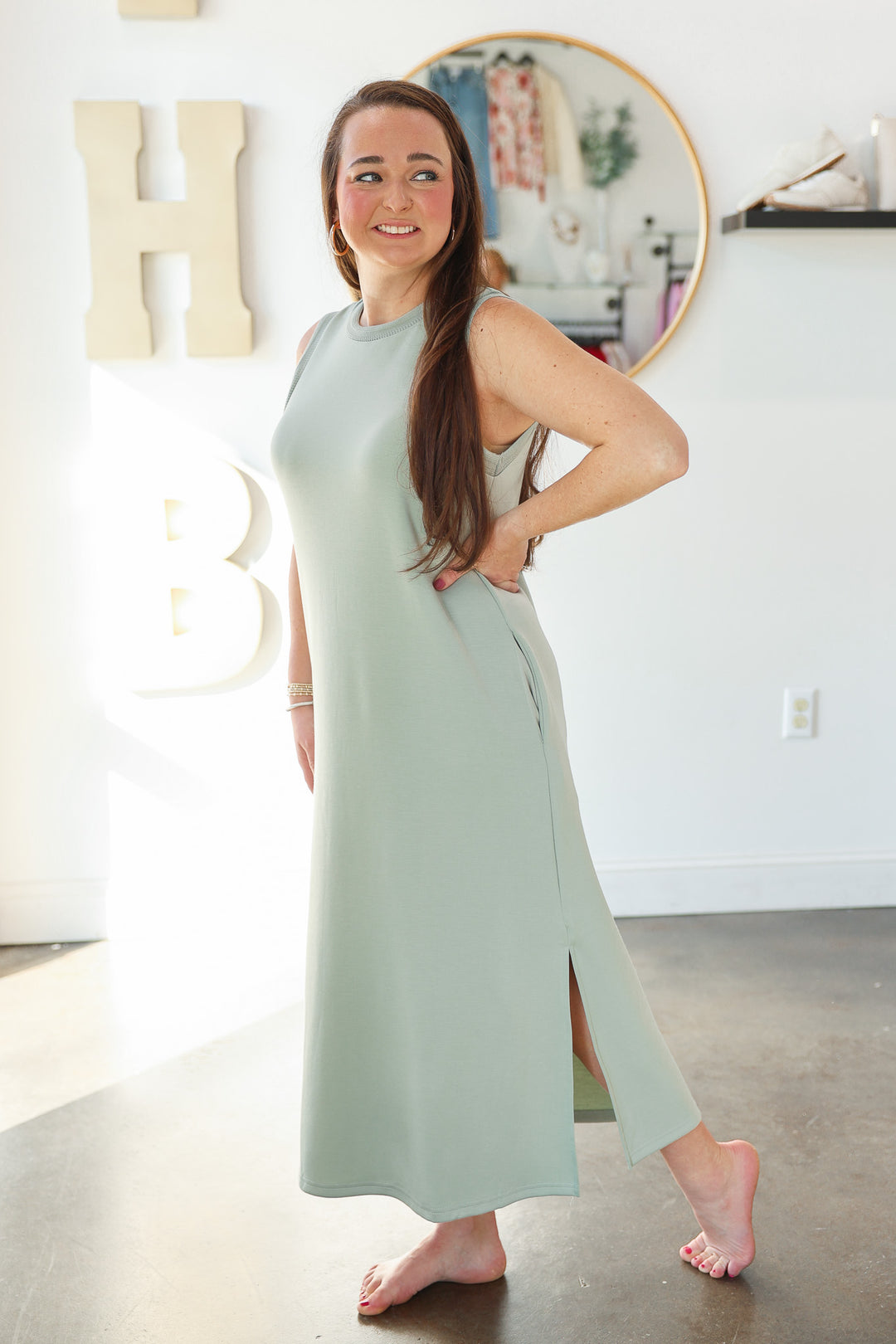 Contrast Trim Maxi Scuba Dress - Sage