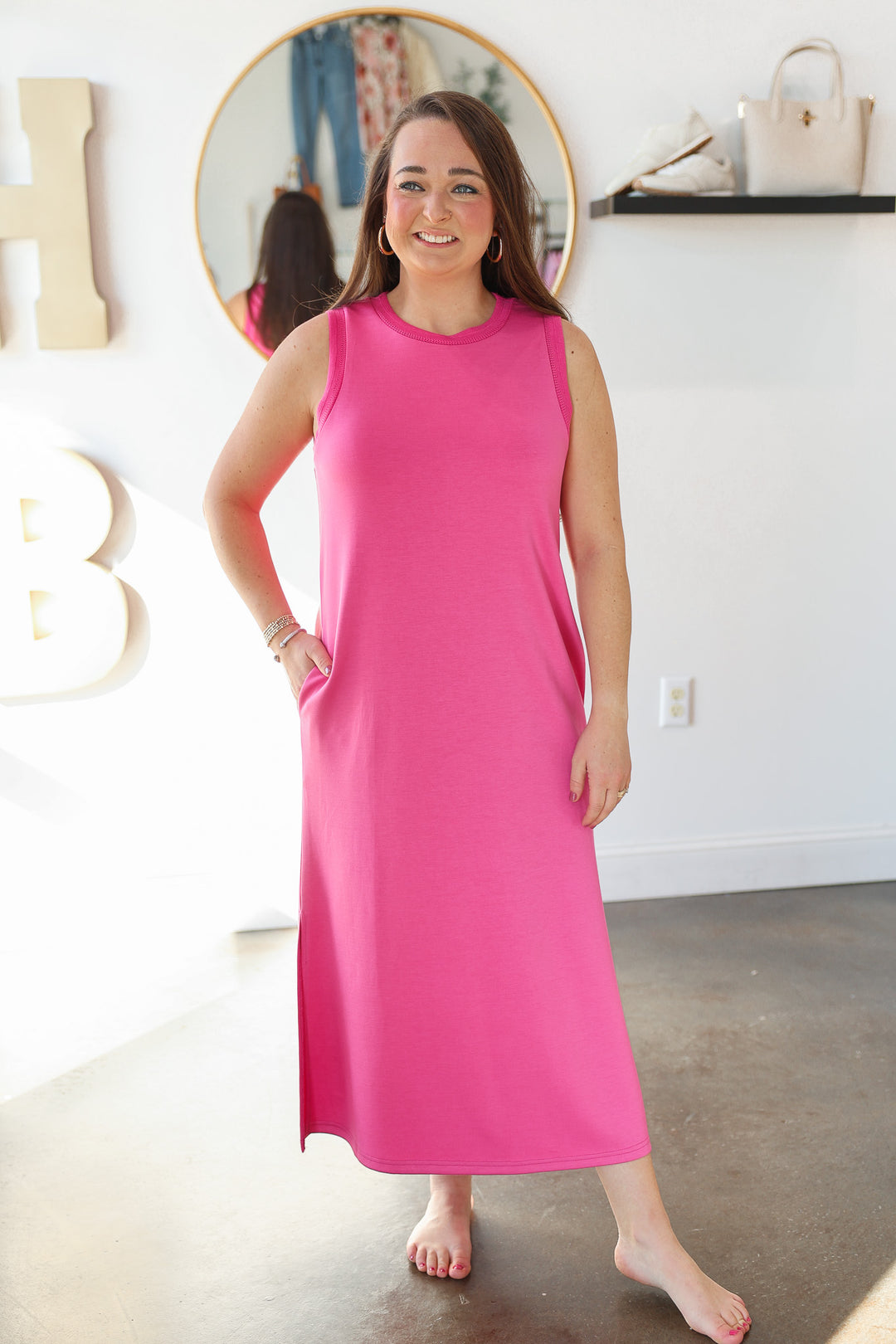 Contrast Trim Maxi Scuba Dress - Pink