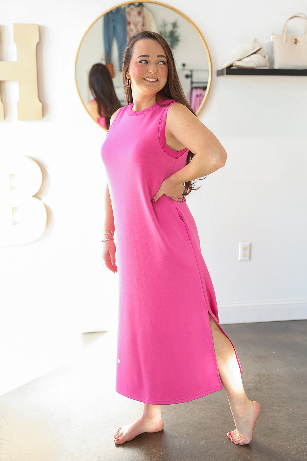 Contrast Trim Maxi Scuba Dress - Pink