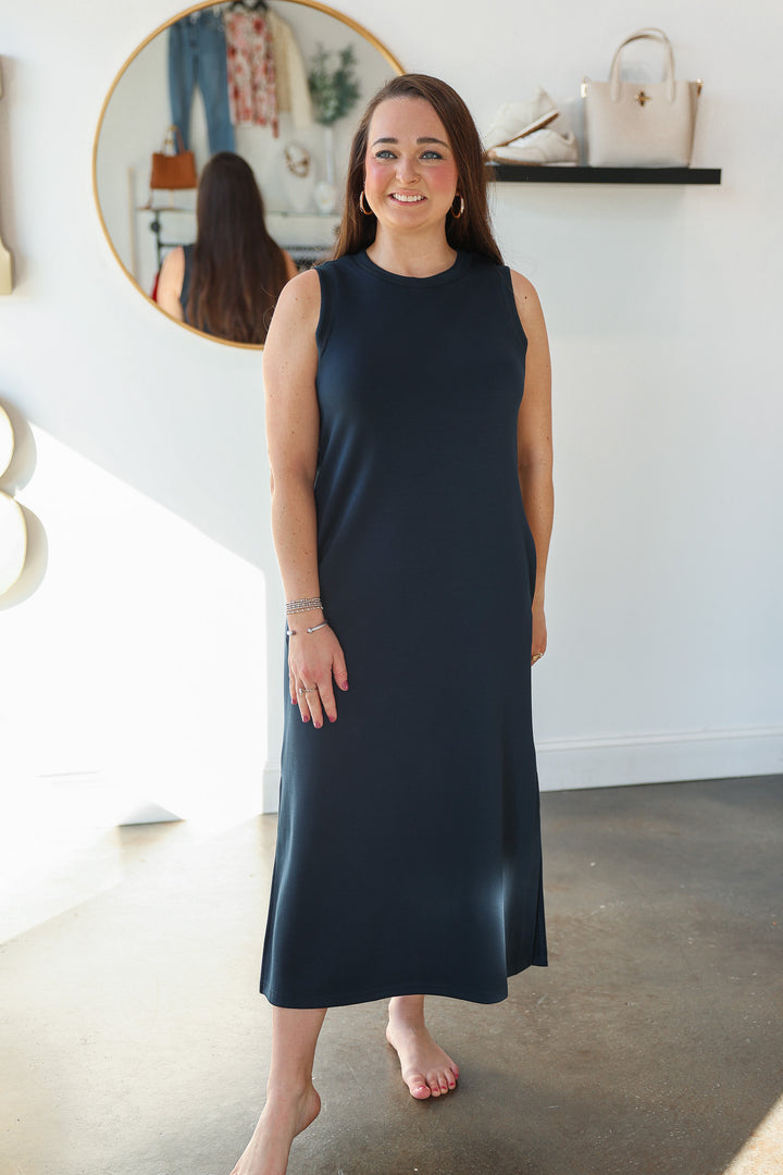 Contrast Trim Maxi Scuba Dress - Navy