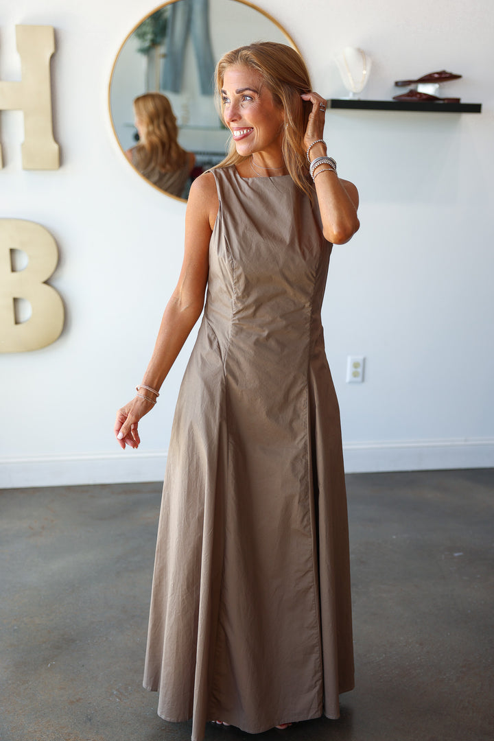 Pleated Front Midi Dress - Mocha