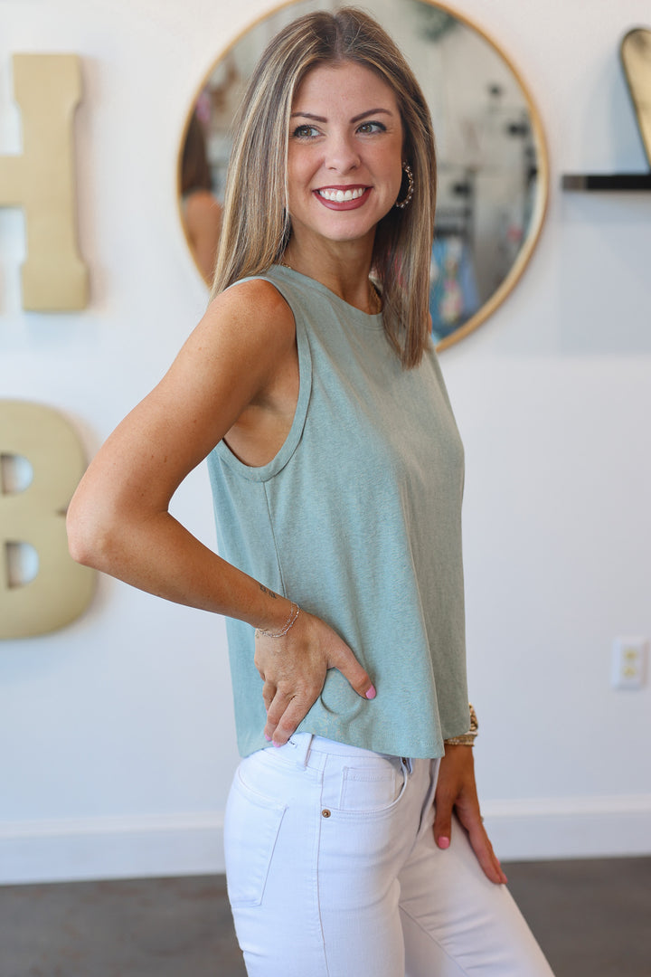 Rolled Sleeve Tank Top - Dark Sage