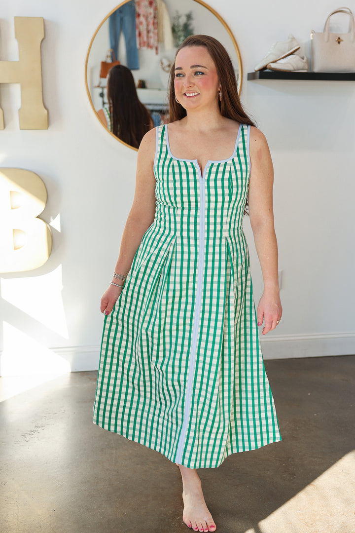 Gingham Contrast Trim Dress - Green
