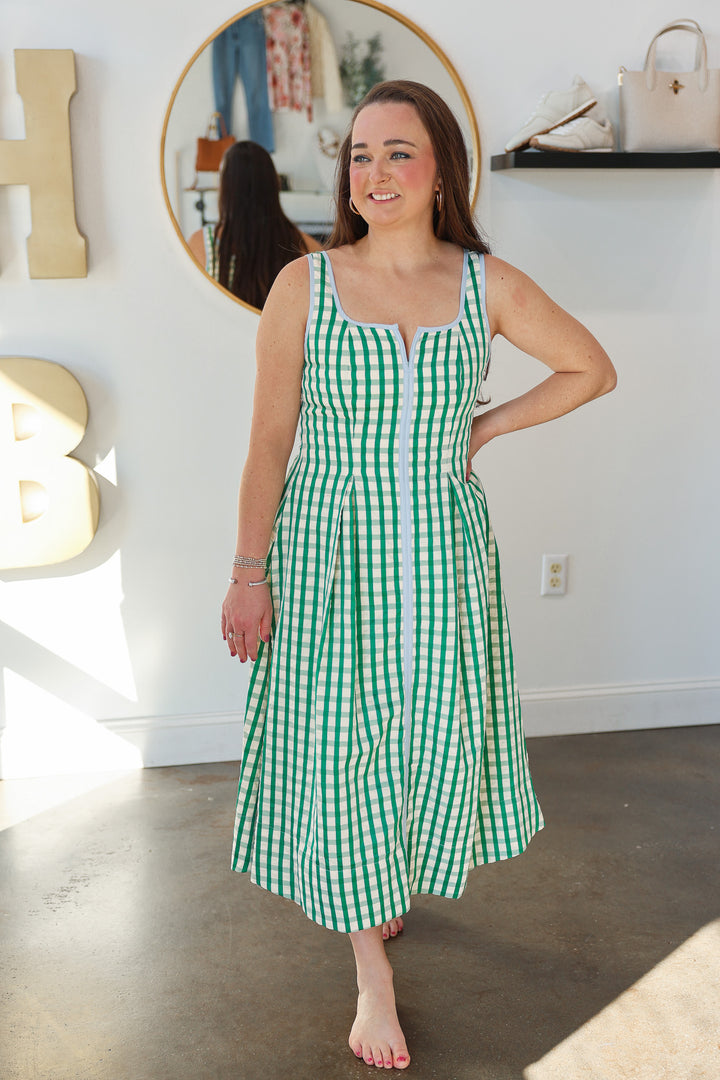 Gingham Contrast Trim Dress - Green