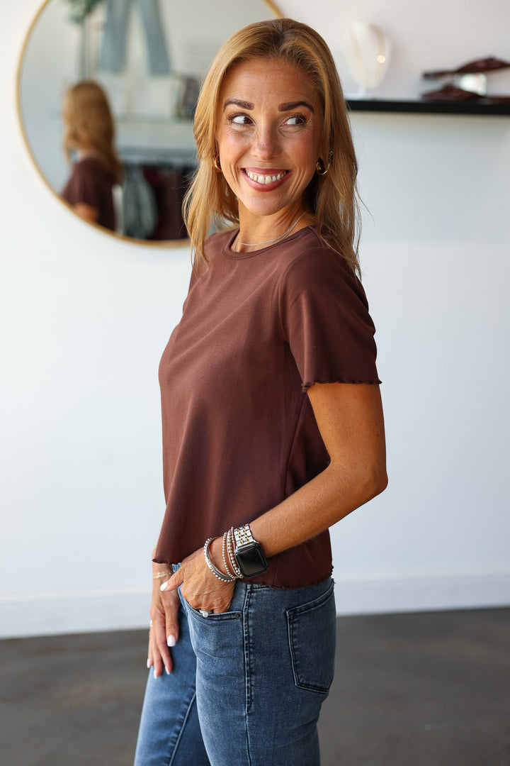 Ruffle Trim Tee - Brown