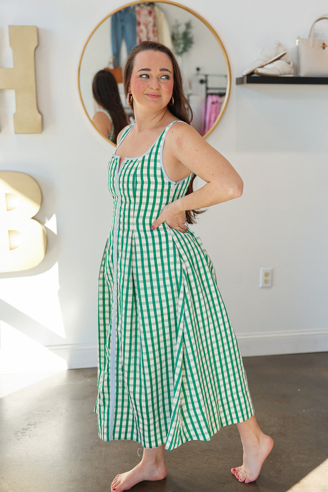 Gingham Contrast Trim Dress - Green