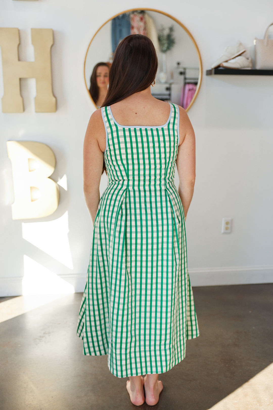 Gingham Contrast Trim Dress - Green
