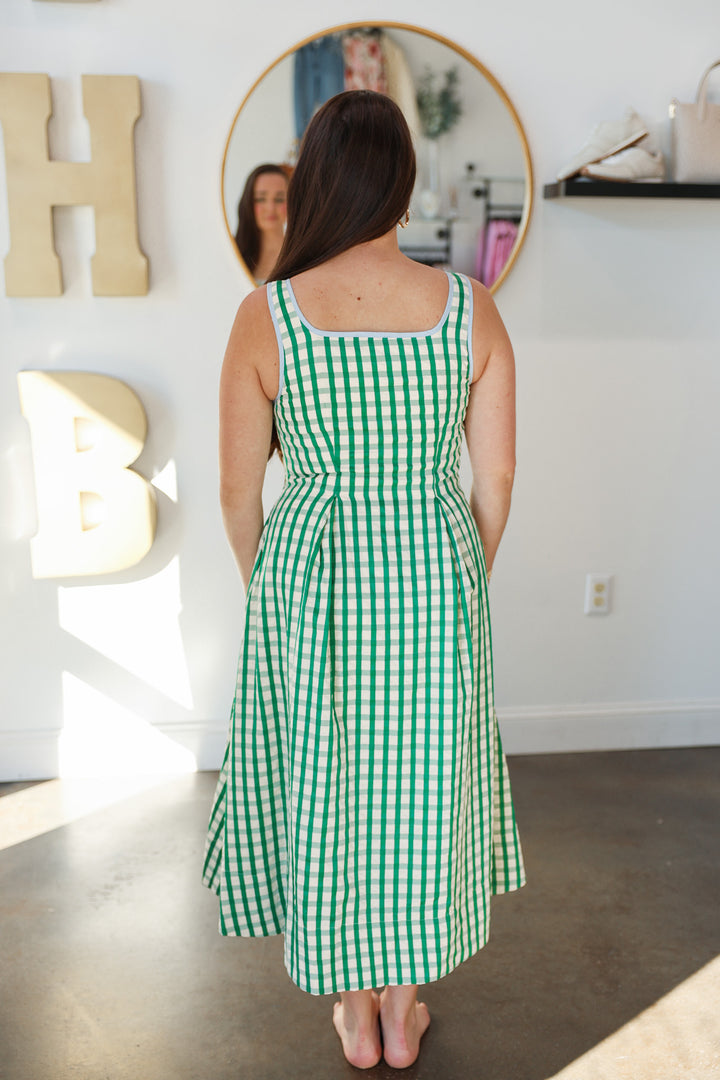 Gingham Contrast Trim Dress - Green