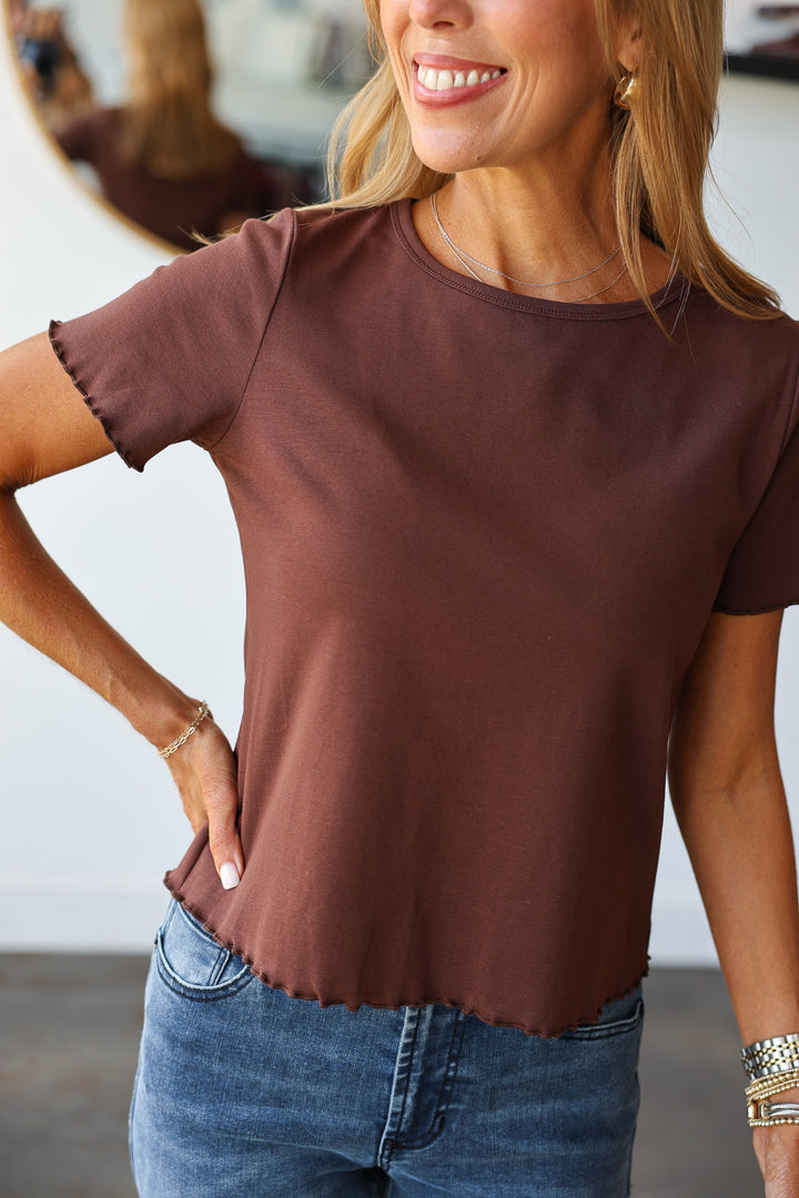 Ruffle Trim Tee - Brown