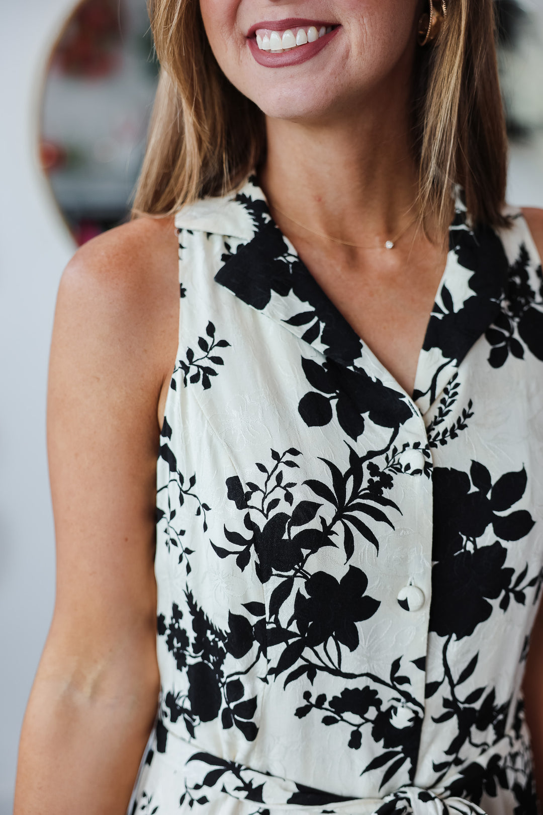 Belted Floral Midi Dress - Cream/Black