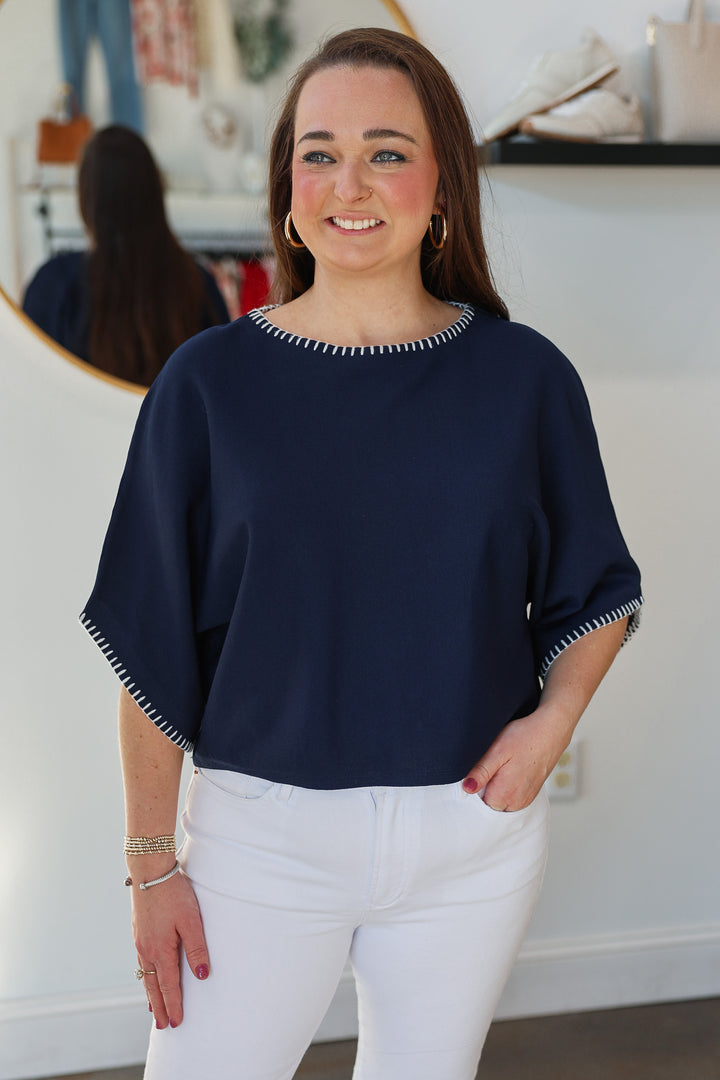 Stitch Trim Knit Top - Navy