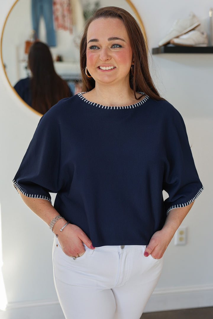 Stitch Trim Knit Top - Navy