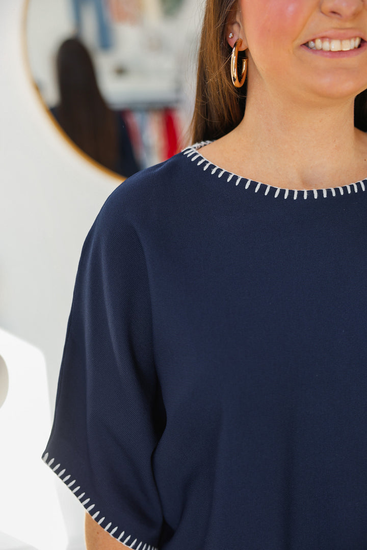 Stitch Trim Knit Top - Navy
