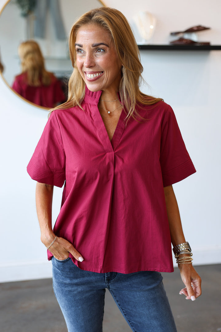 Pleated Collar Top - Burgundy
