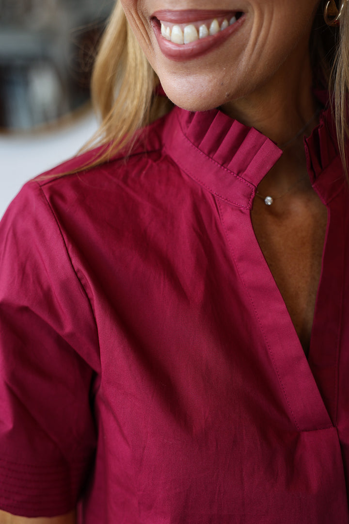 Pleated Collar Top - Burgundy