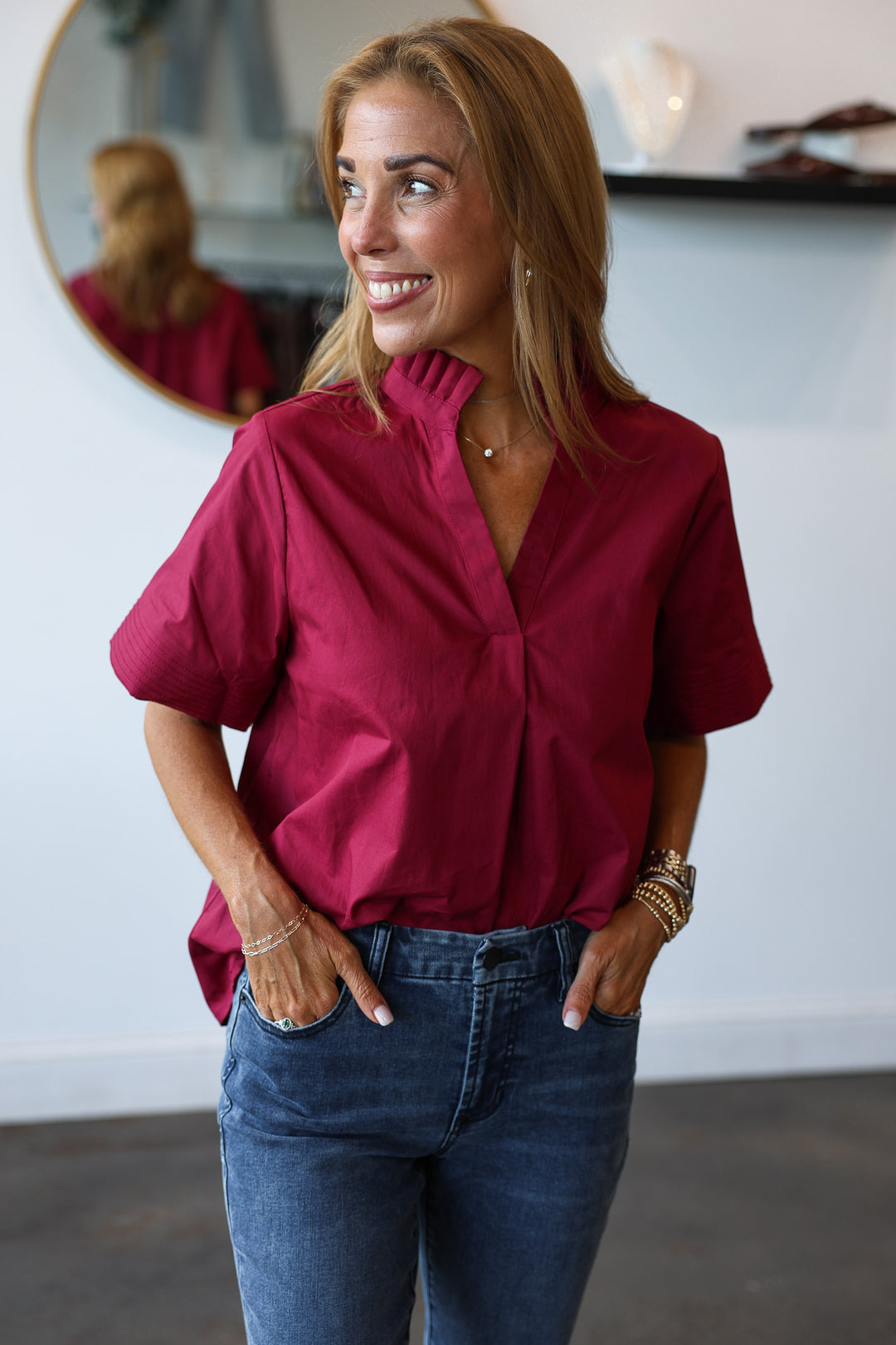 Pleated Collar Top - Burgundy