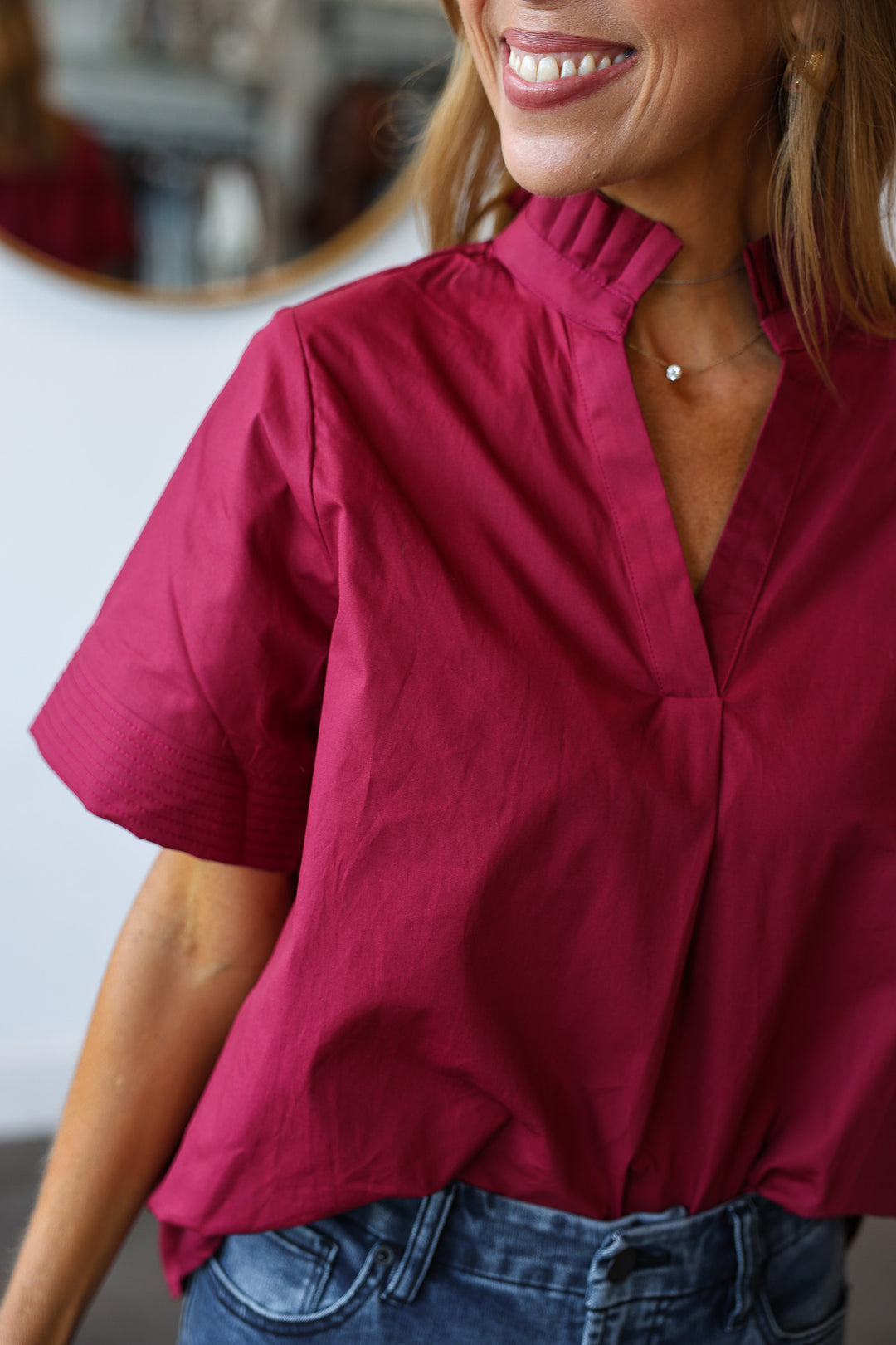 Pleated Collar Top - Burgundy