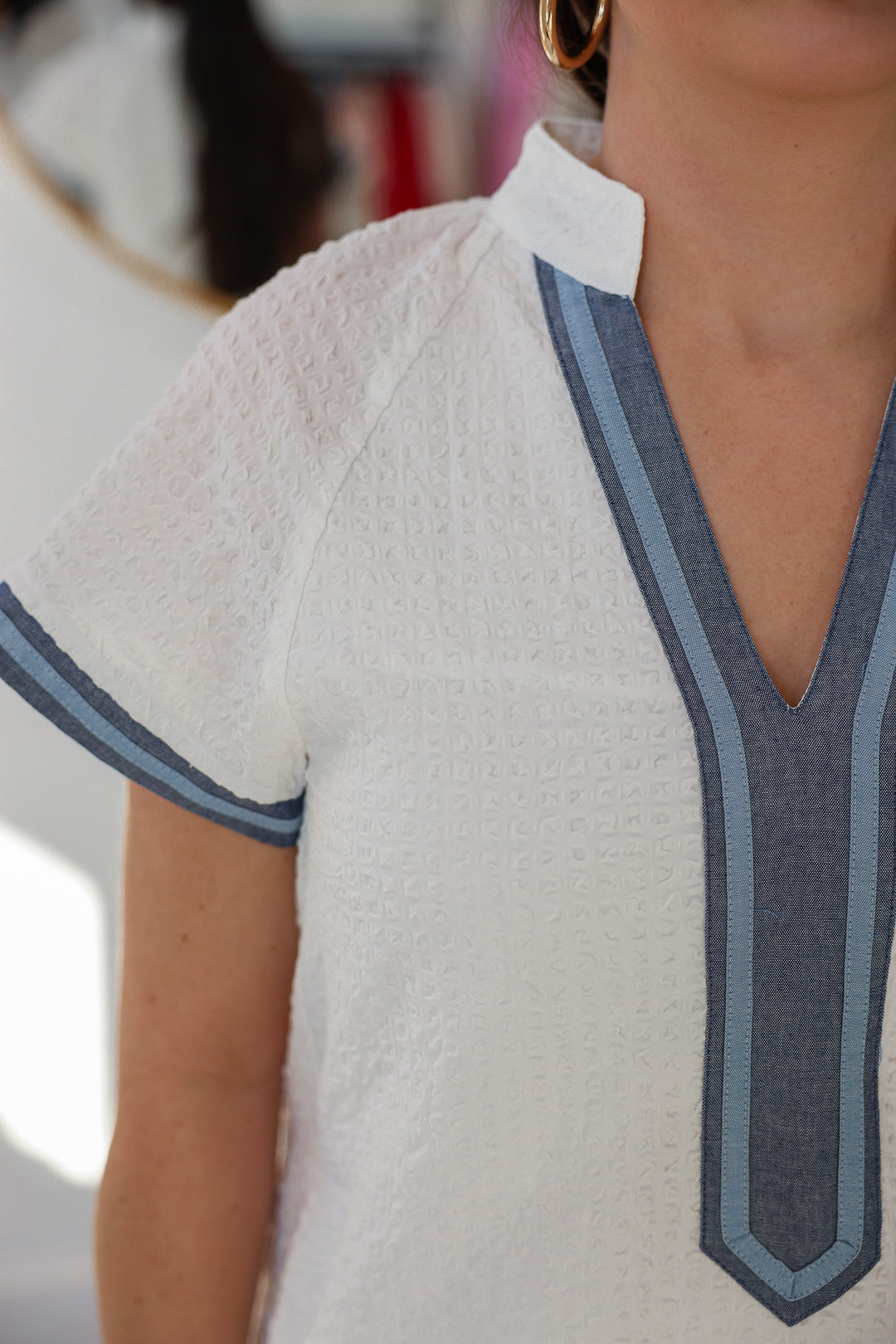 Contrast Trim Textured Dress - White