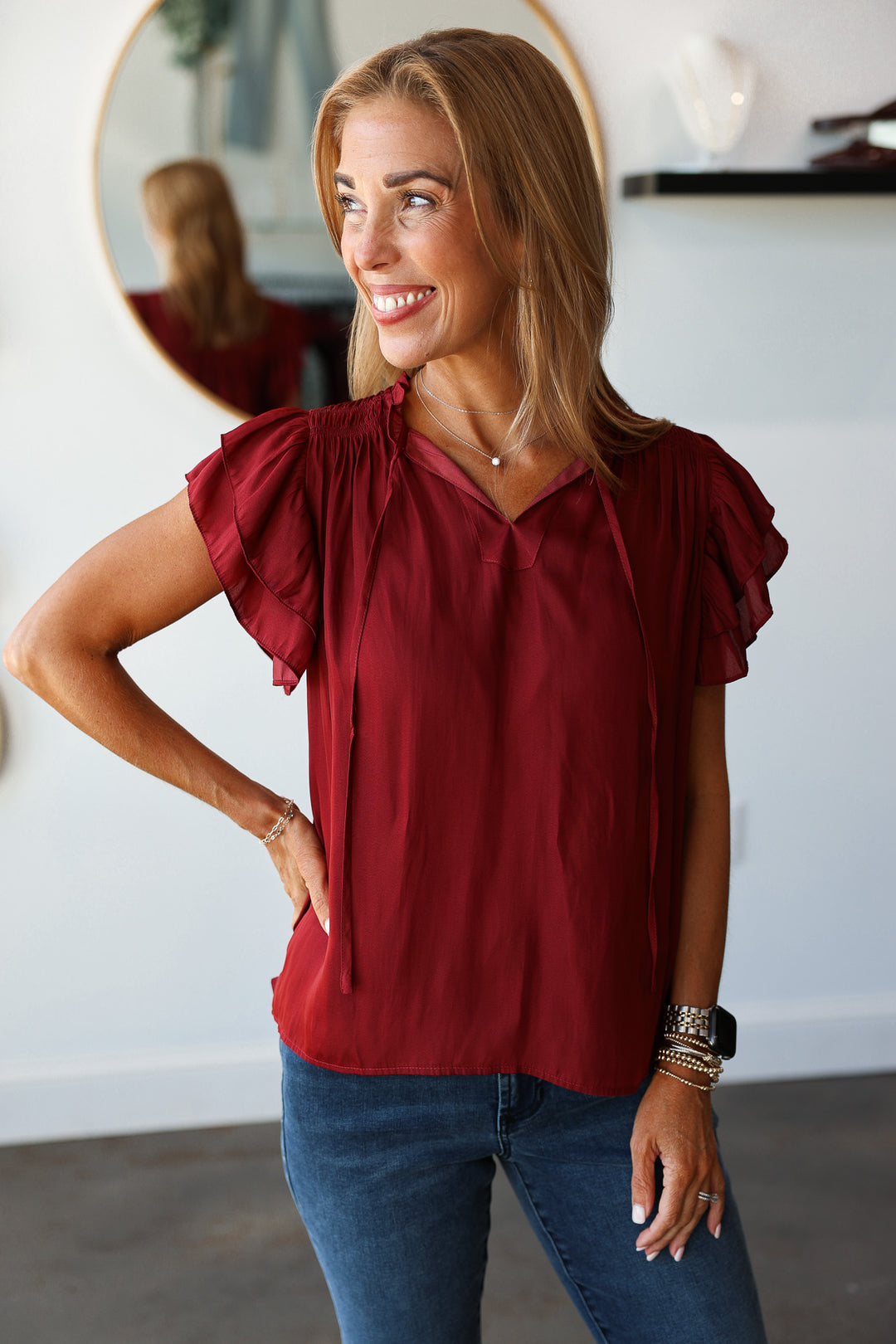 Ruffle Sleeve Top - Brick