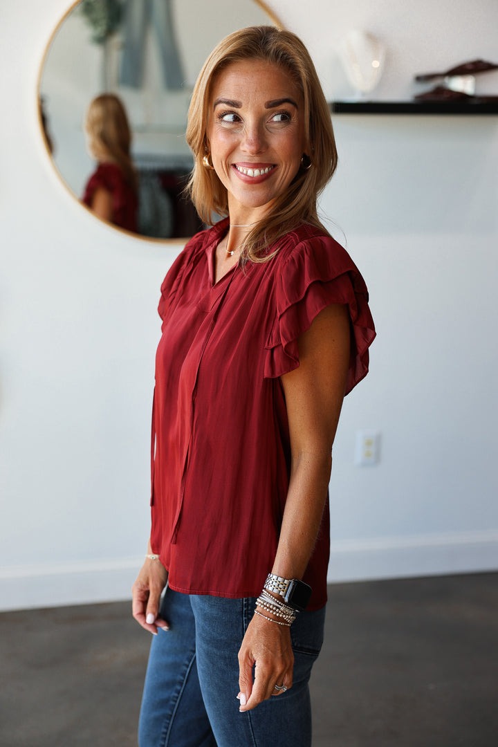 Ruffle Sleeve Top - Brick