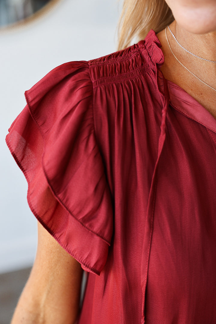 Ruffle Sleeve Top - Brick