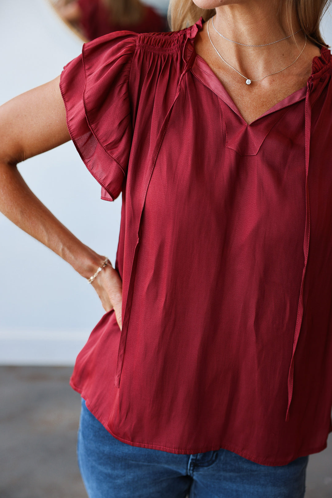Ruffle Sleeve Top - Brick