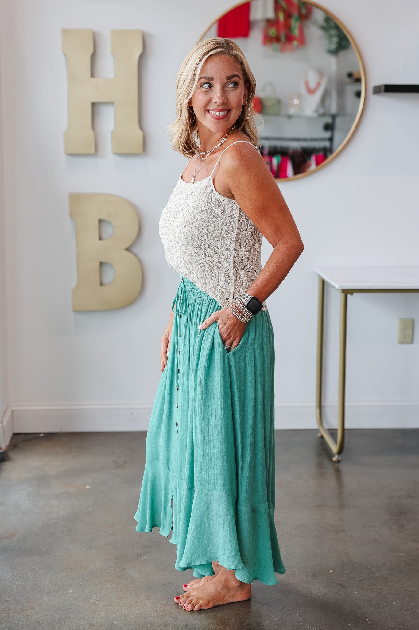 Mint green button down skirt best sale