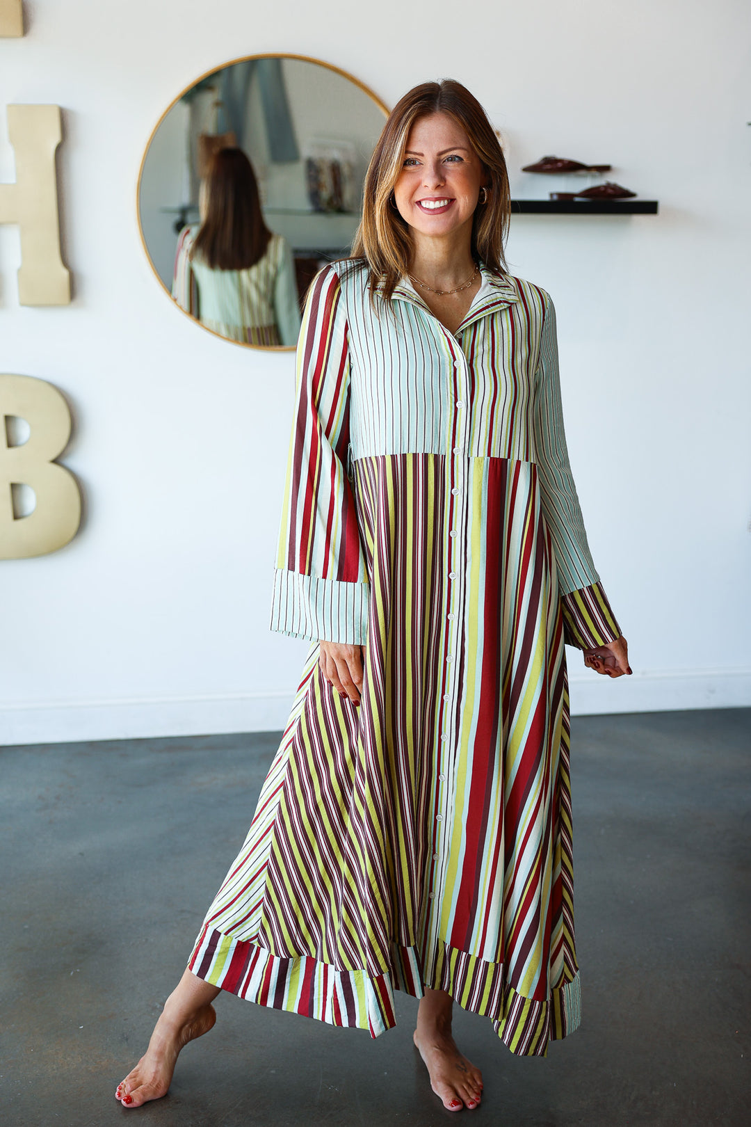 Mixed Stripe Button Front Maxi Dress