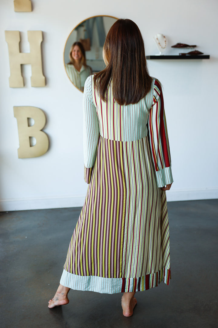 Mixed Stripe Button Front Maxi Dress