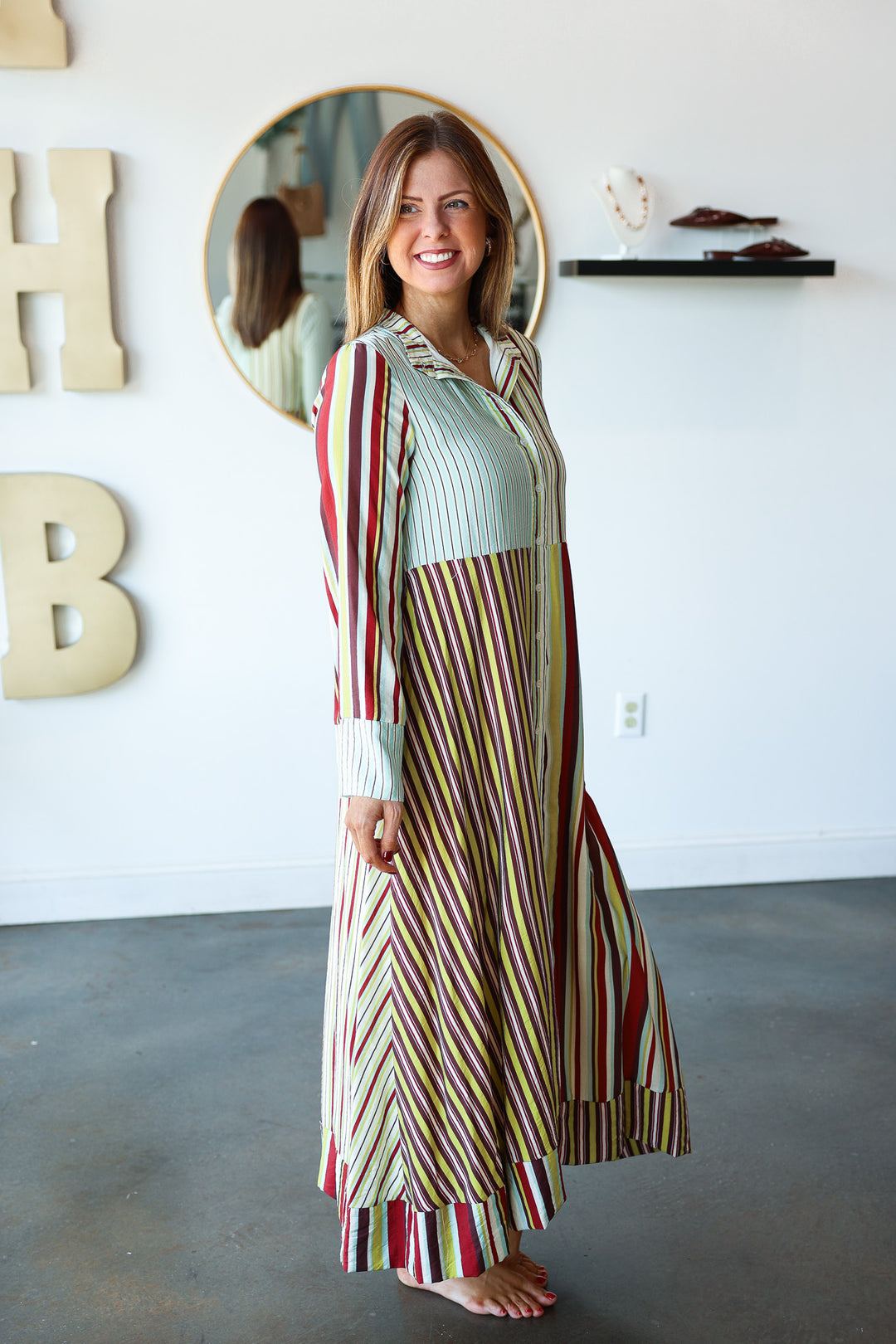 Mixed Stripe Button Front Maxi Dress
