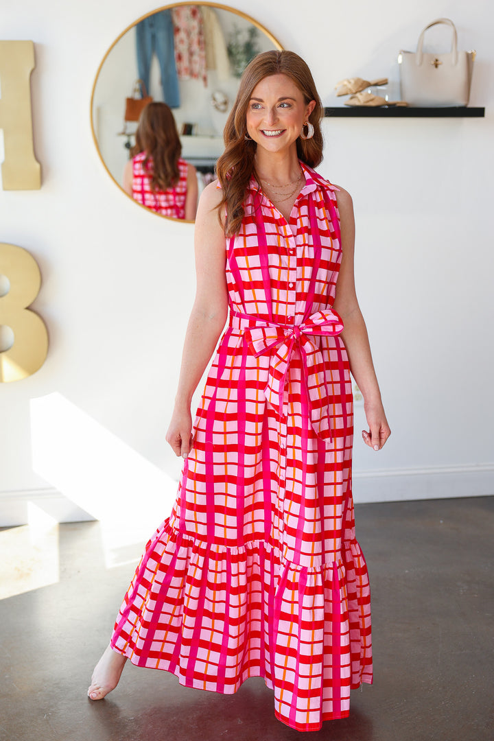 Tie Waist Checkered Dress - Pink