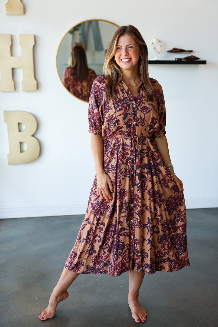 Tie Waist Printed Midi Dress - Brown