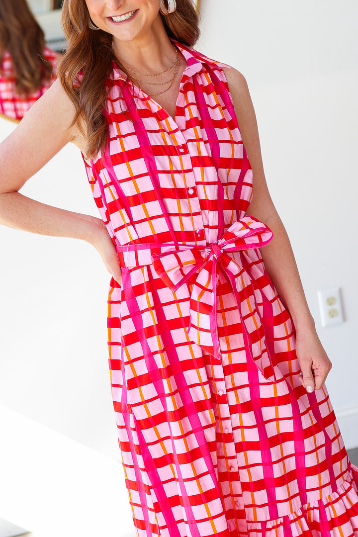 Tie Waist Checkered Dress - Pink