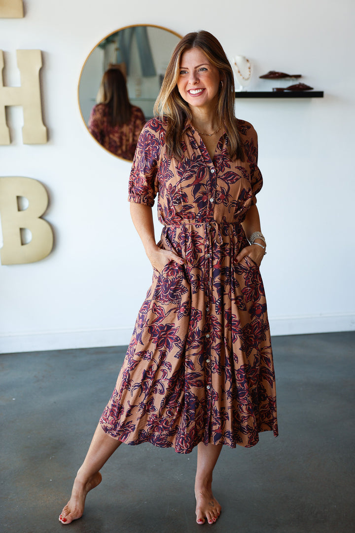 Tie Waist Printed Midi Dress - Brown