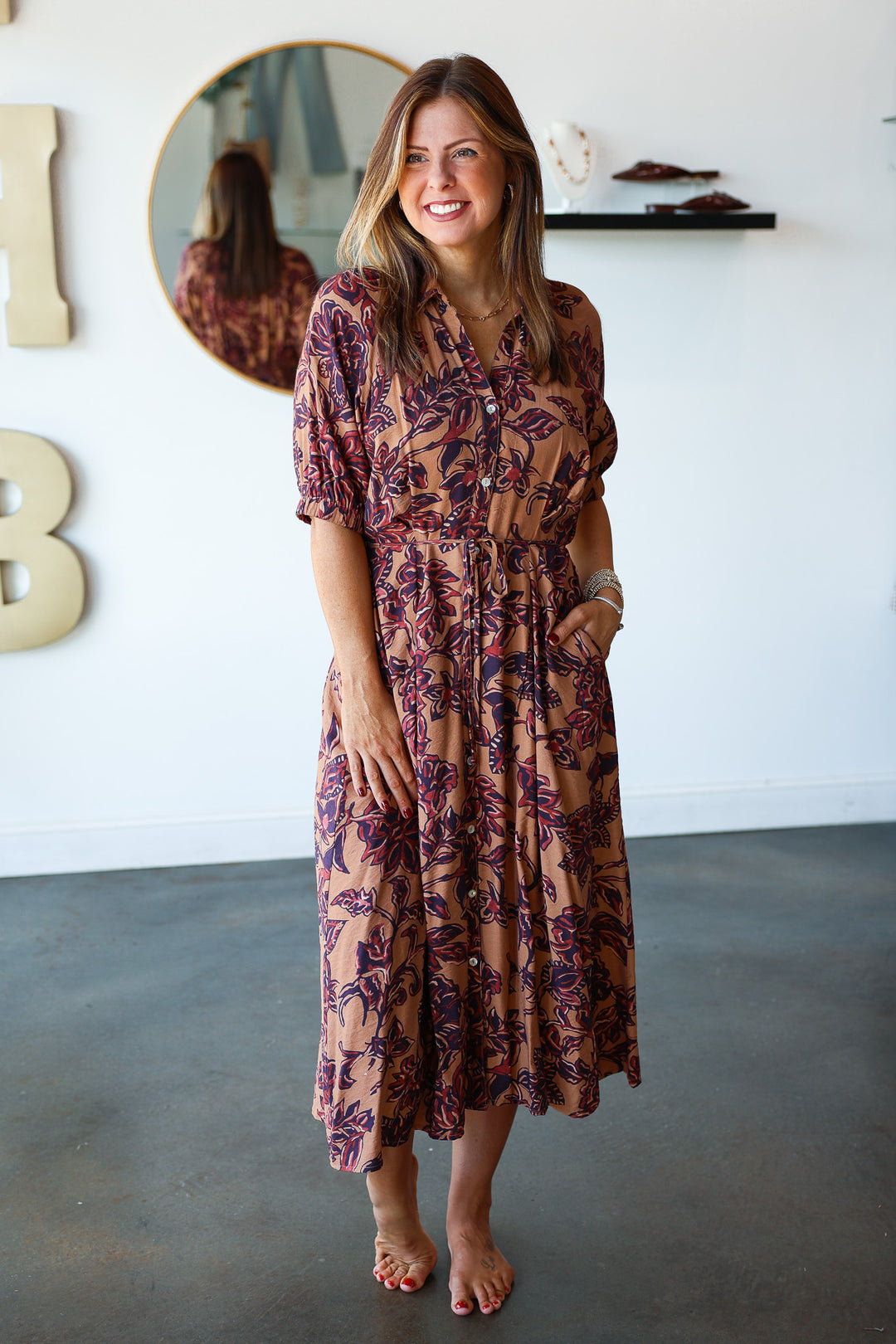 Tie Waist Printed Midi Dress - Brown