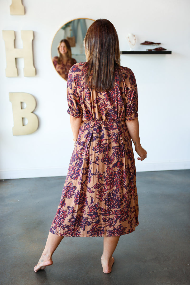 Tie Waist Printed Midi Dress - Brown