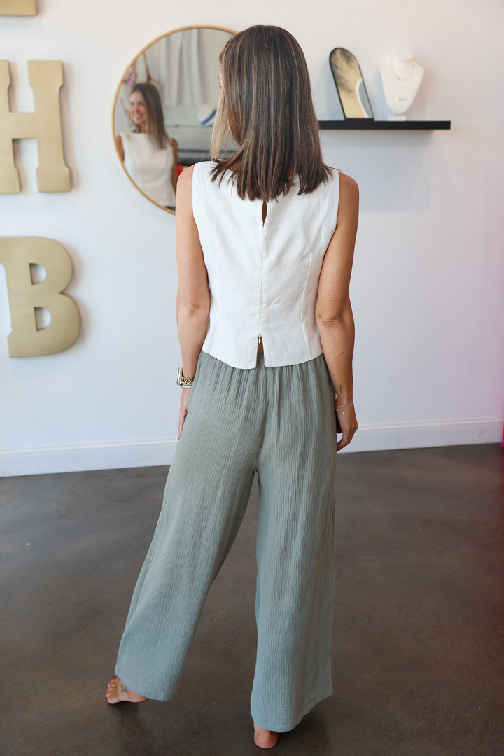 Wide Leg Muslin Pants - Sage
