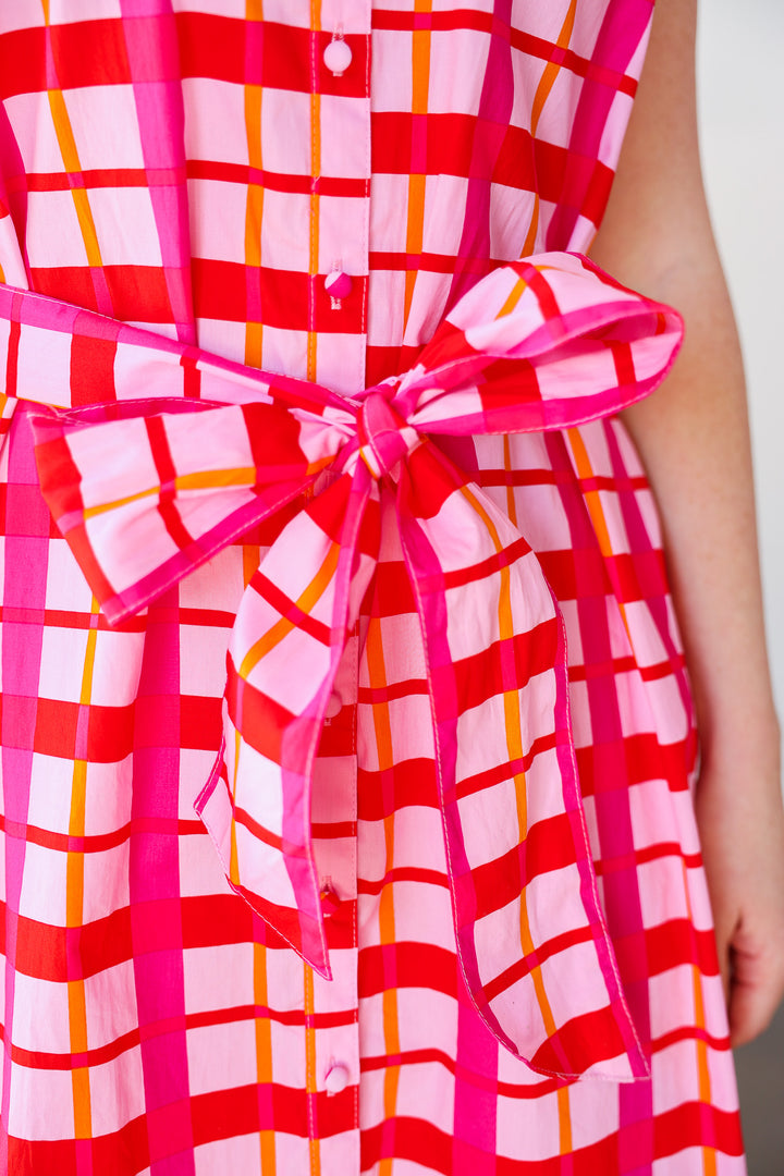 Tie Waist Checkered Dress - Pink
