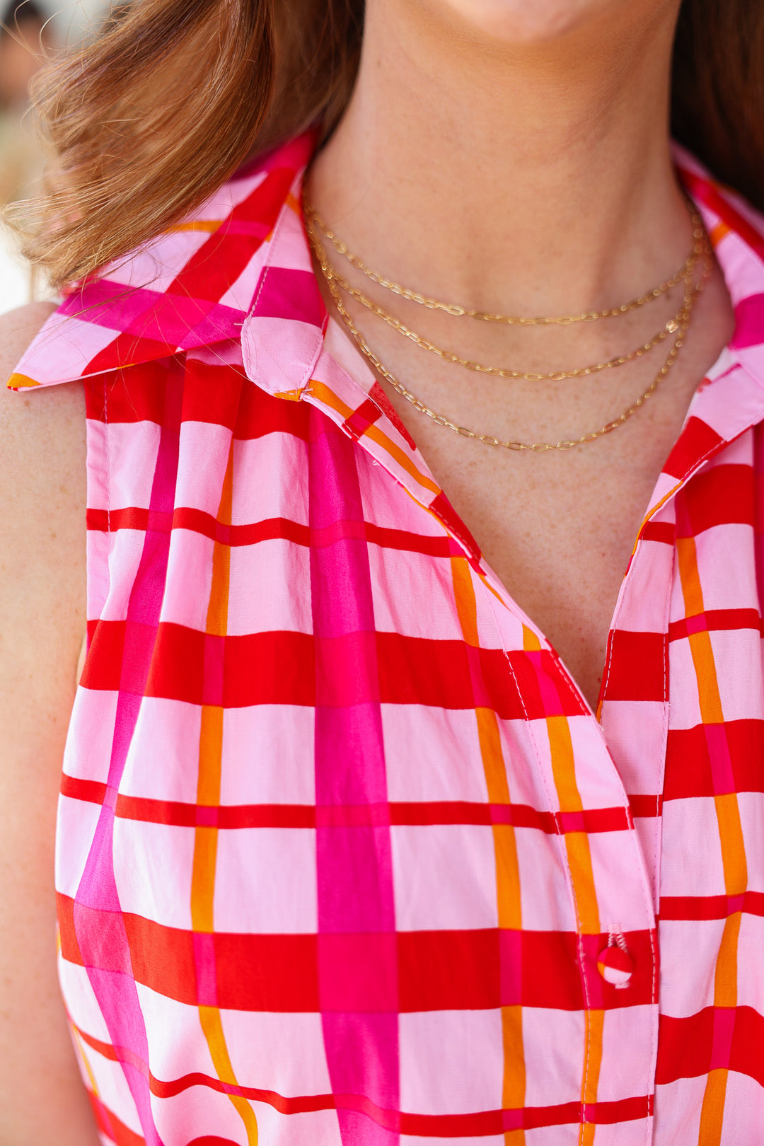 Tie Waist Checkered Dress - Pink