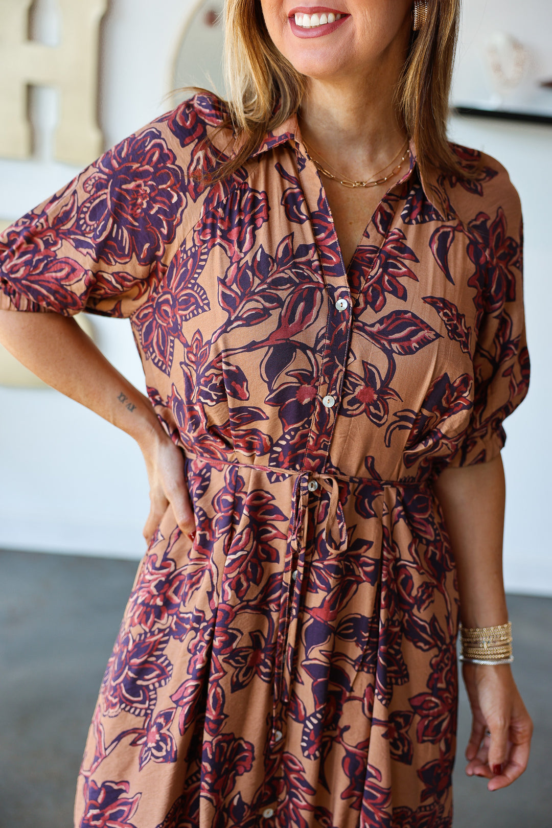 Tie Waist Printed Midi Dress - Brown