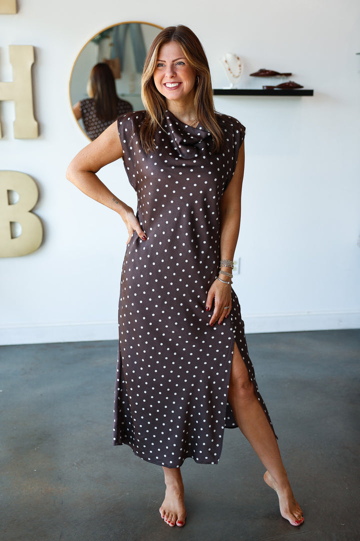 Cowl Neck Polka Dot Dress - Brown