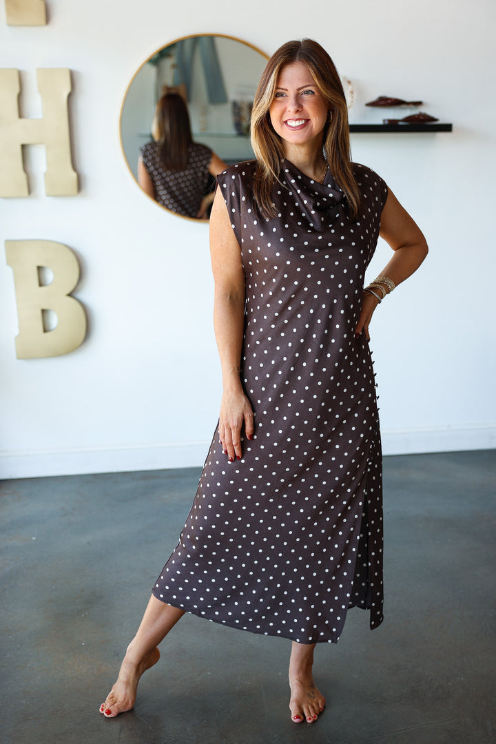 Cowl Neck Polka Dot Dress - Brown