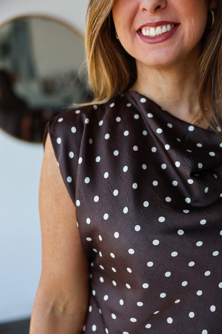 Cowl Neck Polka Dot Dress - Brown