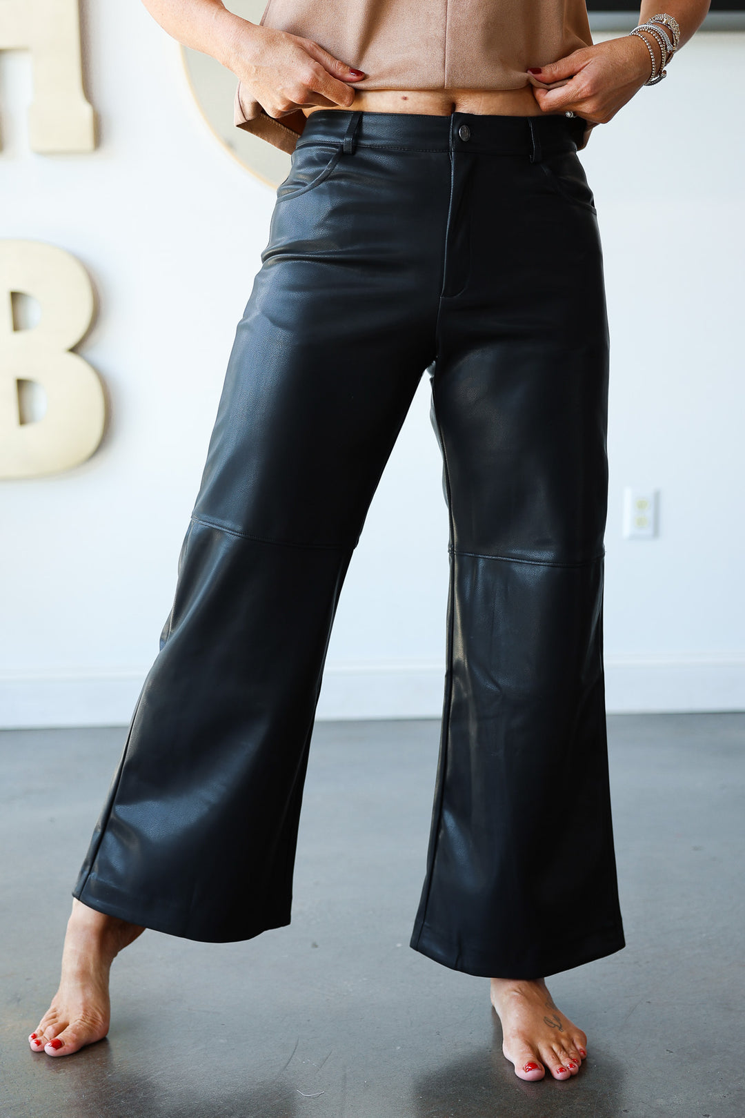 Faux Leather Wide Leg Pants - Black