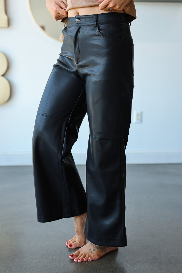 Faux Leather Wide Leg Pants - Black